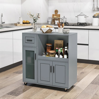 Gymax Kitchen Island Cart on Wheels Microwave Cabinet w/Frosted Tempered Glass Door