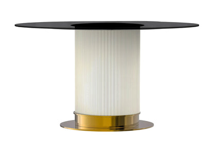 LeisureMod Jexis 60" Mid-Century Modern Round Dining Table with Glass/Sintered Stone Top and White/Gold Stainless Steel Pedestal Base for Kitchen and Dining Room (Black)