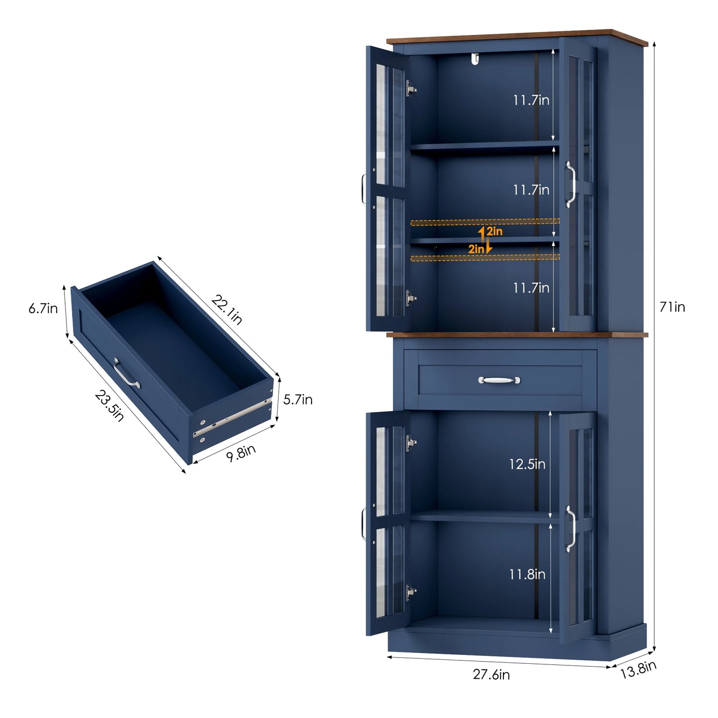 Homfa 71" Tall Bathroom Cabinet with Glass Doors, Freestanding Linen Cabinet with Drawer & Adjustable Shelves, Blue