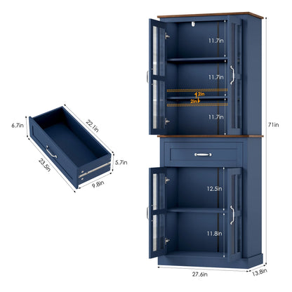 Homfa 71" Tall Bathroom Cabinet with Glass Doors, Freestanding Linen Cabinet with Drawer & Adjustable Shelves, Blue