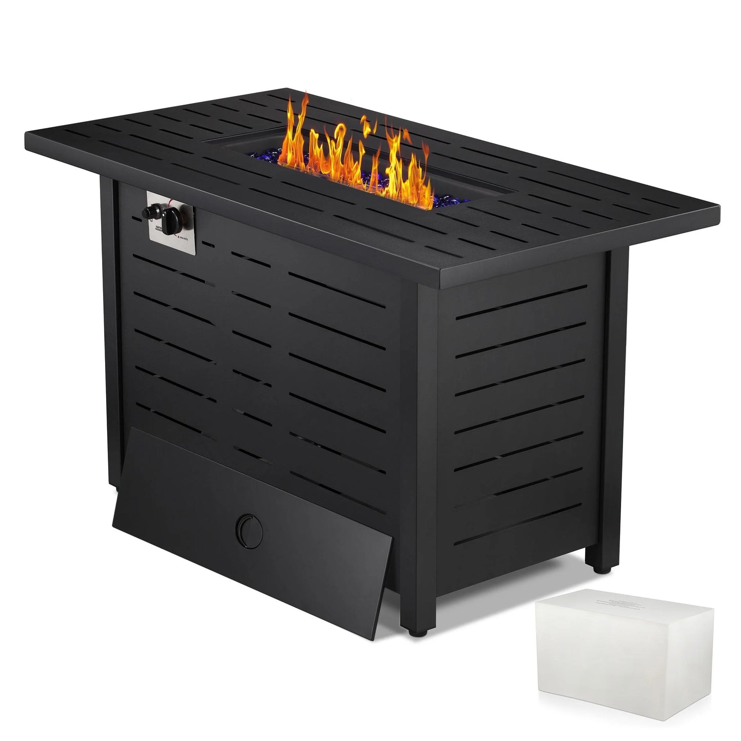 LHRIVER 43" Propane Fire Pit Table, 50,000 BTU Outdoor Windproof Gas Fire Pit with Lid, Smokeless Glass Rocks, Cover