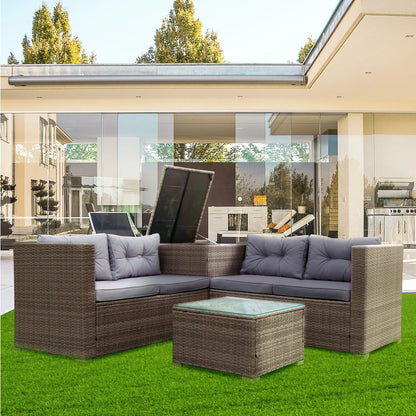 Rattan Patio Sofa Set, 4 Pieces Outdoor Sectional Furniture, All-Weather PE Rattan Wicker Patio Conversation, Cushioned Sofa Set with Glass Table & Storage Box for Patio Garden Poolside Deck