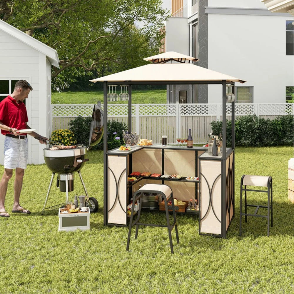 Aimee Lii 3-Piece Patio Bar Set Grill Patio Canopy & 2 Bar Stools with Tempered Glass Bar Table, Modern Patio Furniture for Outdoor Backyard Pool Deck-Brown