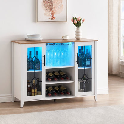 Garvee Farmhouse Wine Bar Cabinet with LED Lights, Coffee Bar Cabinet with Wine and Glasses Rack, Buffet Sideboard with Storage, Liquor Cabinet for Bar, Kitchen, Dining Room, Dark Oak