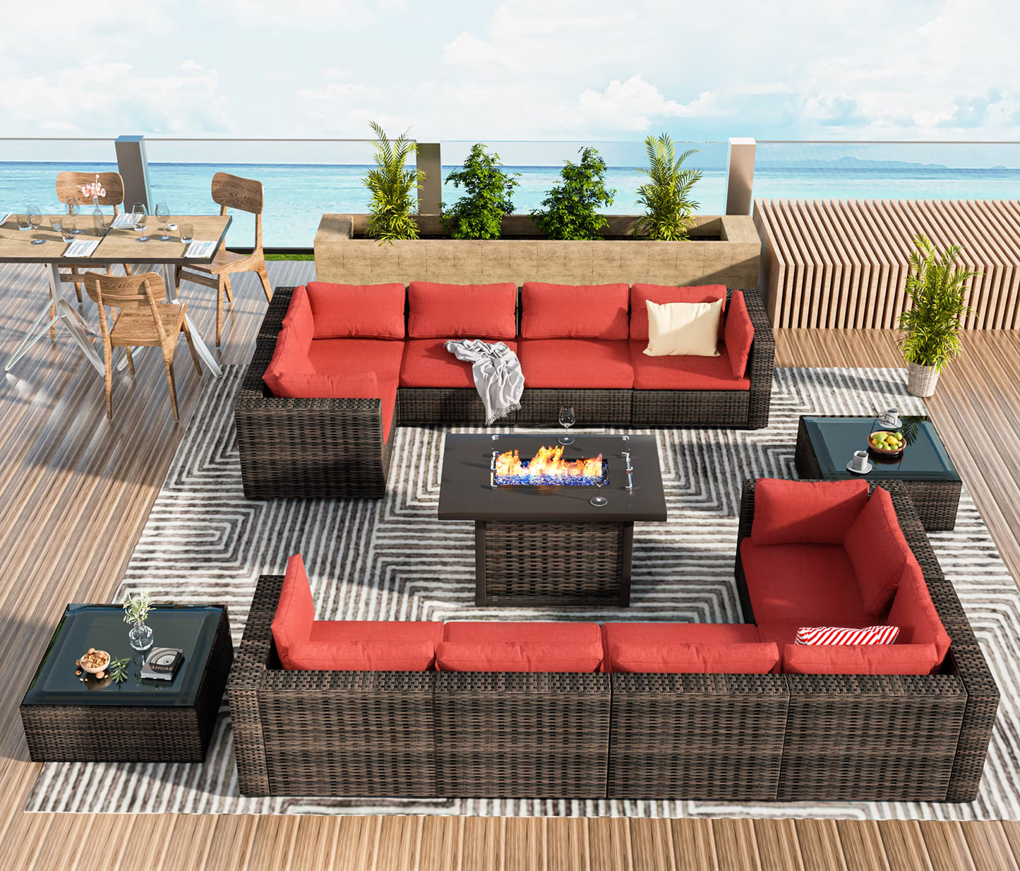 TANGJEAMER 13 Pieces All-Weather PE Rattan Sectional Sofa with Cushions,Glass Table and Fire Pit Table for Party and Family Gathering(Grey cushions)