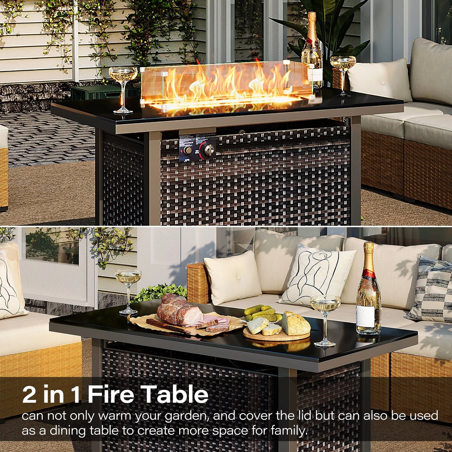 LAUSAINT HOME 43" Outdoor Fire Pit Table, 50,000 BTU Auto-Ignition Gas Fire Pit with Glass Wind Guard Propane(Rattan)