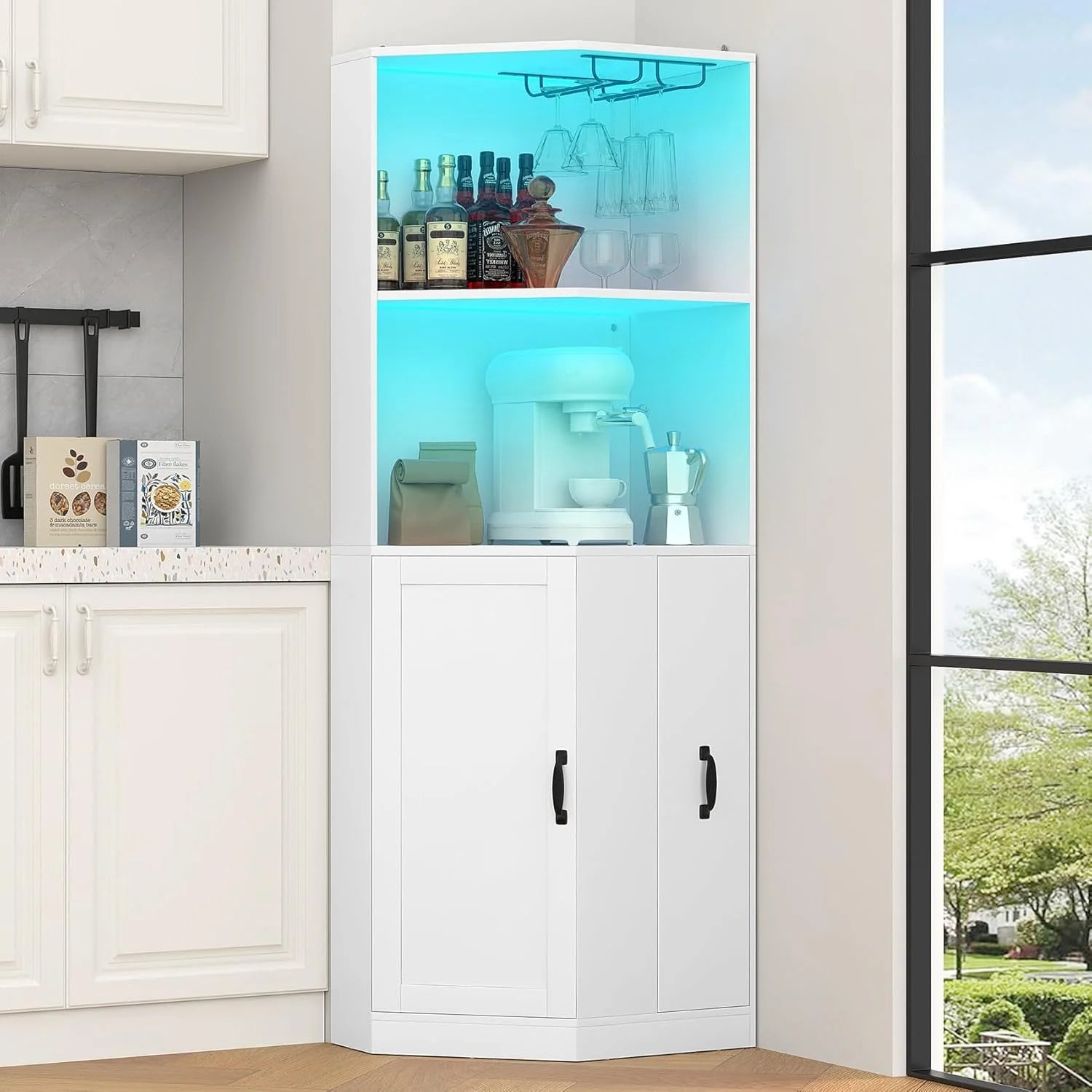 HAUXITIO Corner Bar Cabinet with Electrical Outlet, LED Lighting and Storage Drawer, 71" Home Coffee Bar Cabinet with Glass Rack