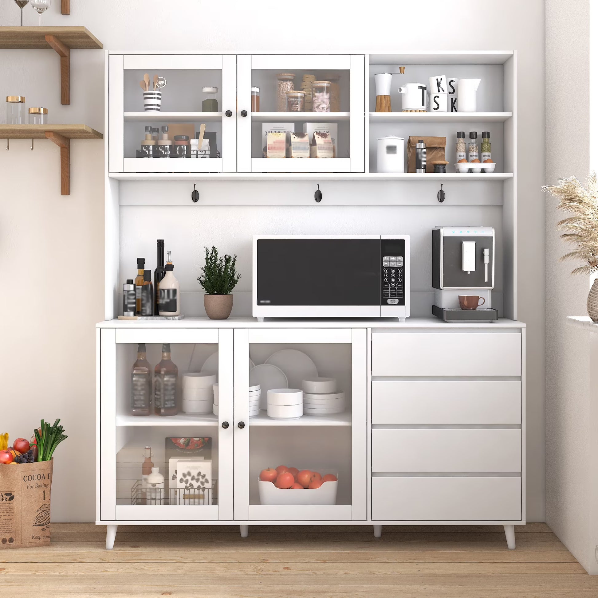 Large Kitchen Pantry Storage Cabinet w/4 Glass Doors & 4 Drawers, Food Hutch w/Microwave Stand & Hooks