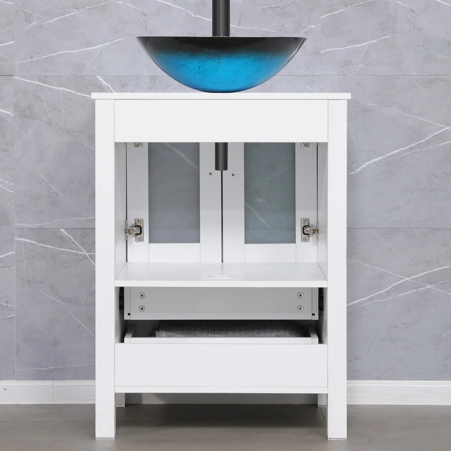 Eclife 24"W x 20"D x 32"H Classical Bathroom Vanity Vessel Sink Set with Faucet, Mirror White Vanity and Ocean Blue Square Glass Sink Pop up Drain Combo