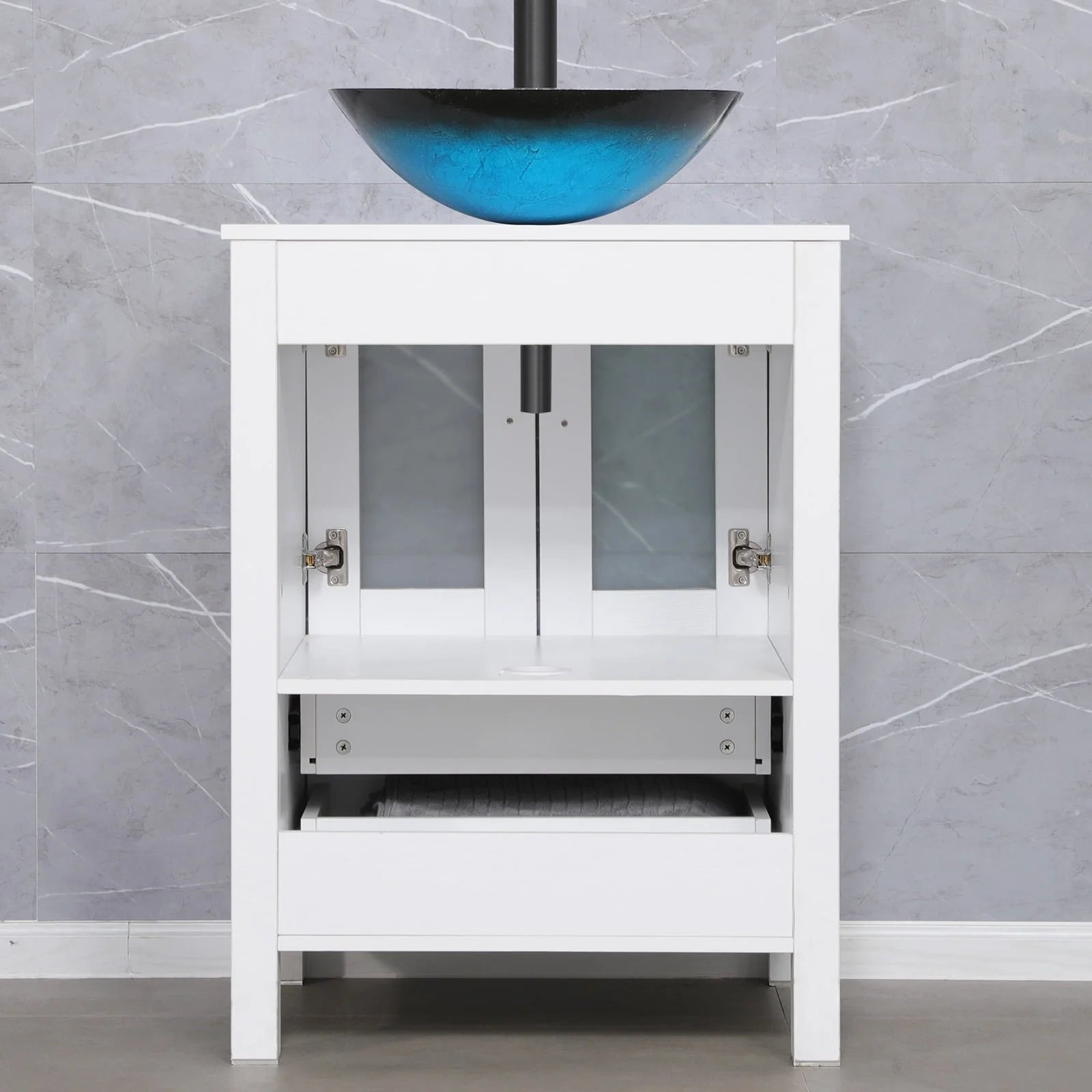 Eclife 24"W x 20"D x 32"H Classical Bathroom Vanity Vessel Sink Set with Faucet, Mirror White Vanity and Ocean Blue Square Glass Sink Pop up Drain Combo