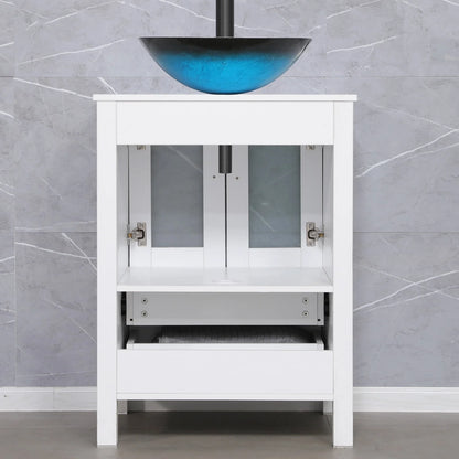 Eclife 24"W x 20"D x 32"H Classical Bathroom Vanity Vessel Sink Set with Faucet, Mirror White Vanity and Ocean Blue Square Glass Sink Pop up Drain Combo