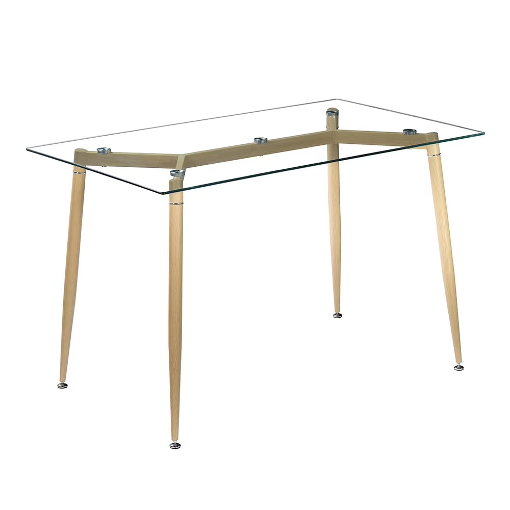 Modern Glass Dinner Table, 8MM Black Tempered Glass Sturdy Table Top, Dining Table Iron Tube Legs w/Wood Pattern, for Home, Kitchens, Dining Rooms, Cafes, Idea for Eating, Work or Play Games, S12700