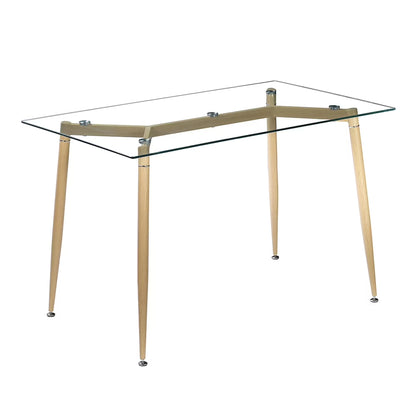 Modern Glass Dinner Table, 8MM Black Tempered Glass Sturdy Table Top, Dining Table Iron Tube Legs w/Wood Pattern, for Home, Kitchens, Dining Rooms, Cafes, Idea for Eating, Work or Play Games, S12700