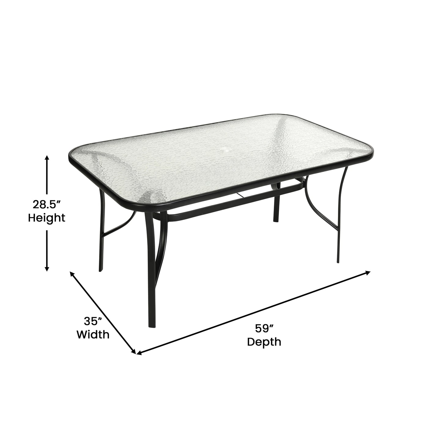 Flash Furniture 7 Piece Commercial Outdoor Patio Dining Set with 60" Tempered Glass Patio Table with Umbrella Hole and 6 Black Triple Slat Chairs