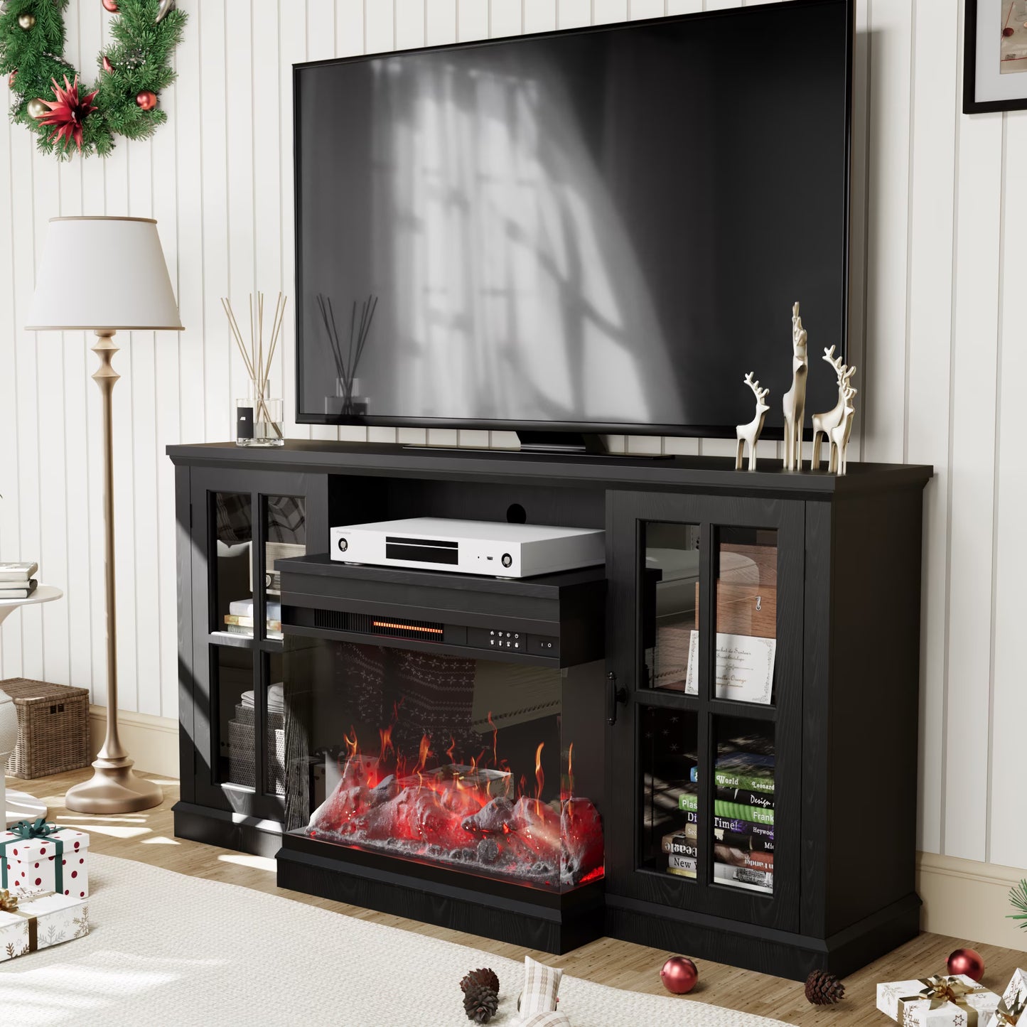 Homall Fireplace TV Stand for TVs up to 65" 3-Sided Glass Modern Media Entertainment Center with Cabniet Storage Adjustable Flame Color Fireplace,Gray
