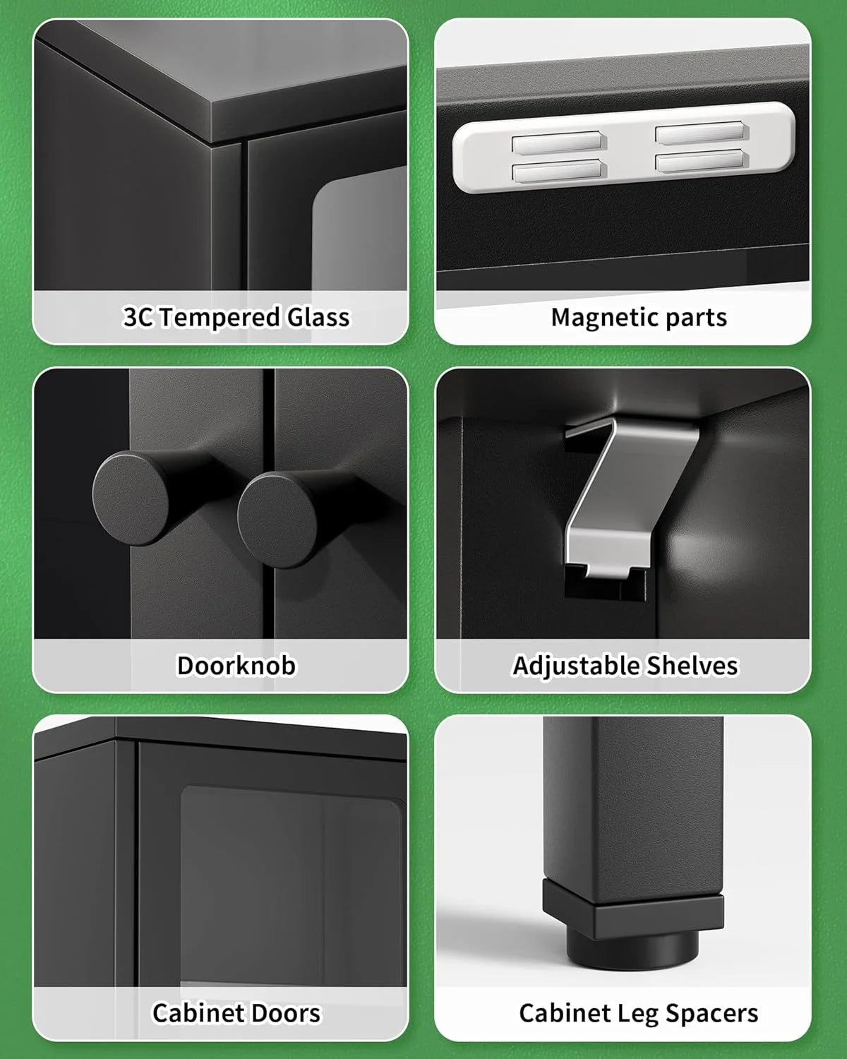 SUNCROWN Metal Storage Cabinet, Curio Display Cabinet with 2 Glass Display Door and 4 Shelves, Side Storage Organize, Modern Bookshelf Cabinet for livingroom, Bedroom, Kitchen, Black