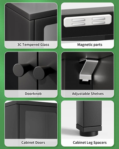 SUNCROWN Metal Storage Cabinet, Curio Display Cabinet with 2 Glass Display Door and 4 Shelves, Side Storage Organize, Modern Bookshelf Cabinet for livingroom, Bedroom, Kitchen, Black