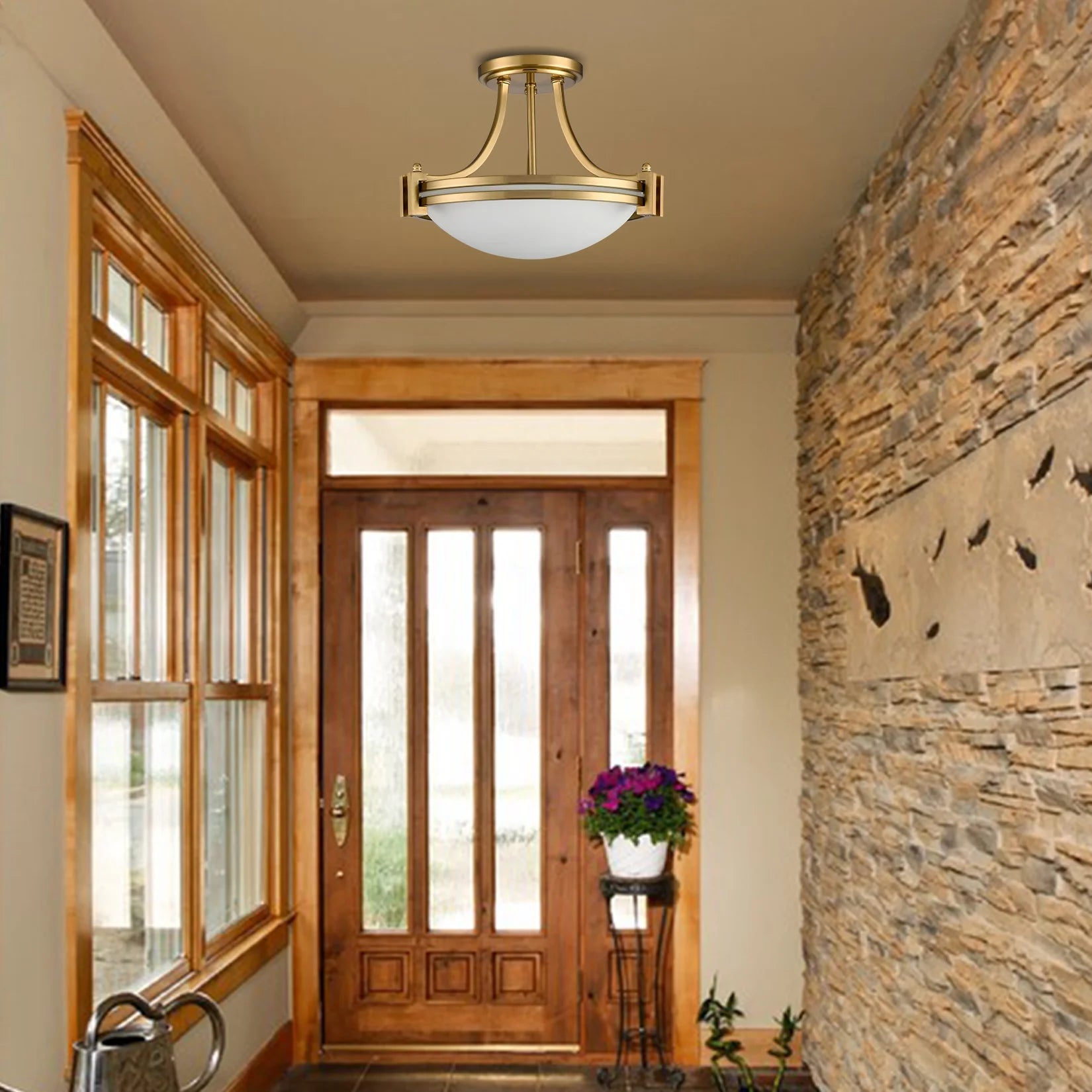 Modern Gold Semi Flush Mount 2-Light Milk Glass Ceiling Light Fixture