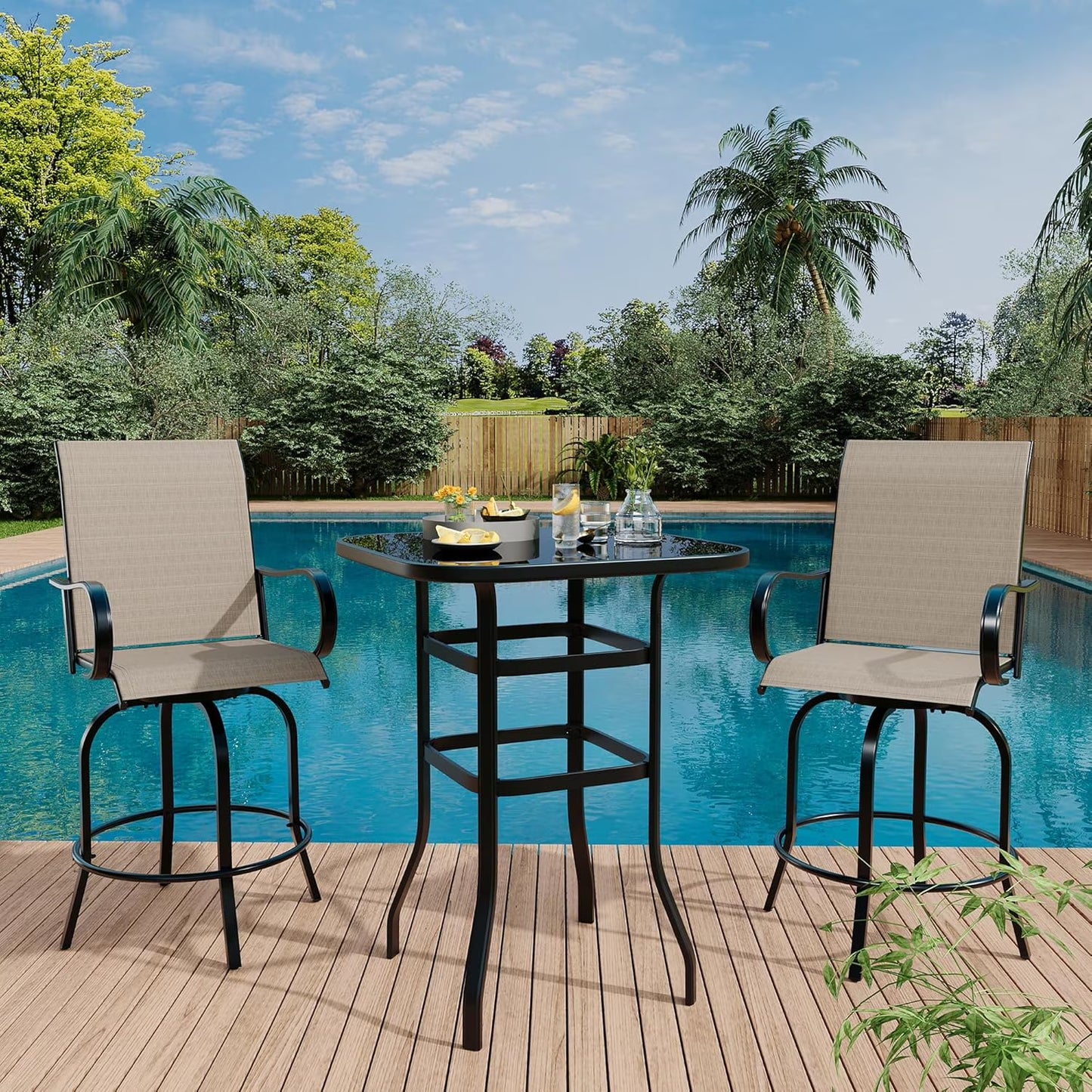 Garvee Outdoor Bar Table with Tempered Glass, Square High-Top Patio Bistro Table, Metal Frame Bar Height Table for Backyard, Poolside, Garden & Balcony