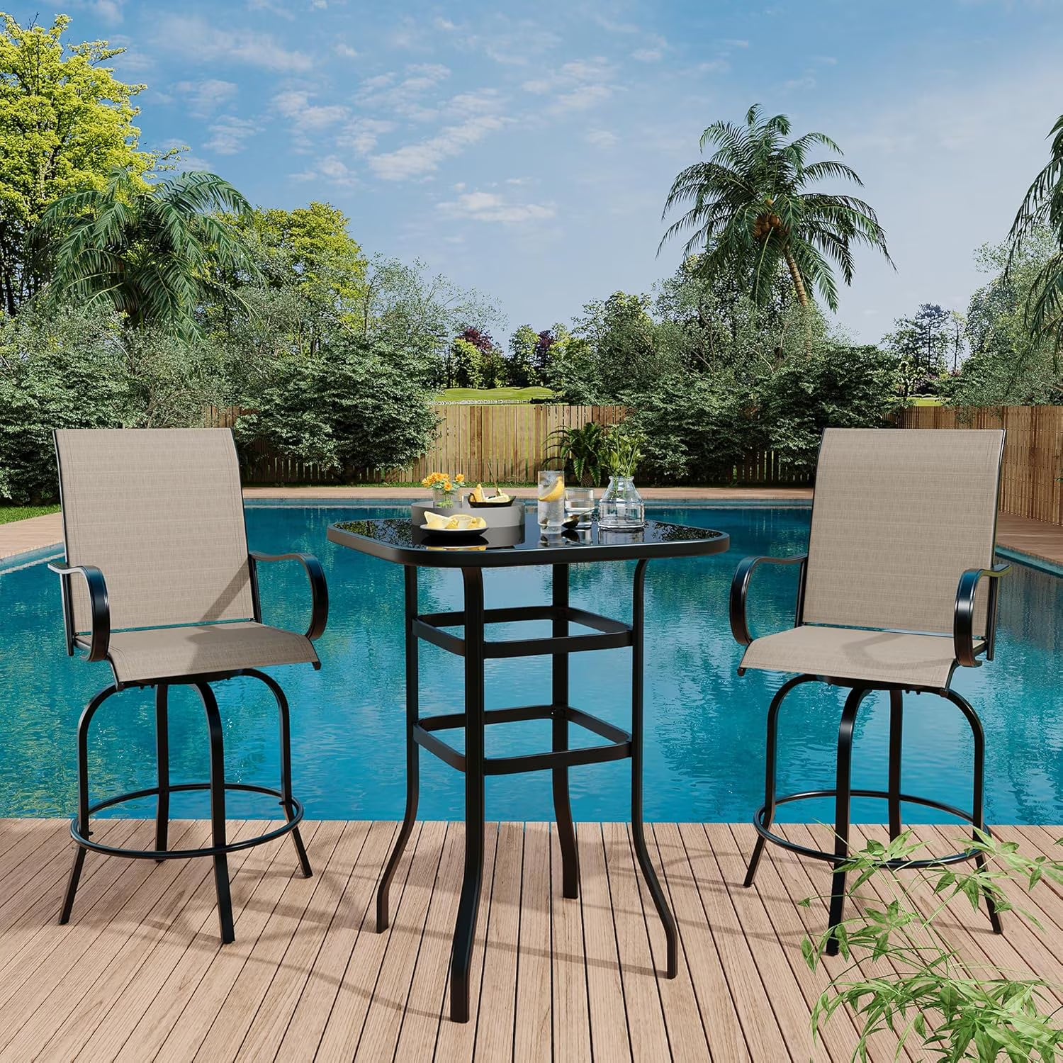 Garvee Outdoor Bar Table with Tempered Glass, Square High-Top Patio Bistro Table, Metal Frame Bar Height Table for Backyard, Poolside, Garden & Balcony