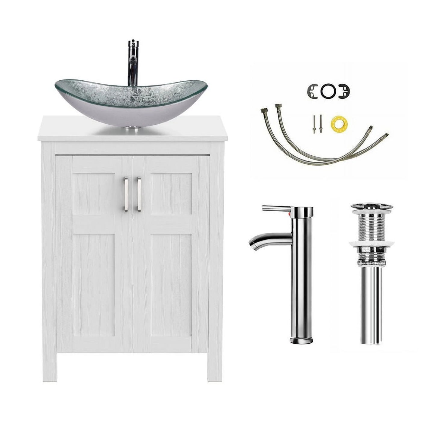 ELECWISH Bathroom Sink and Faucet Combo Artistic Tempered Glass Vessel Sink Basin Washing Bowl Set, Cabinet Countertop Sink with Chorme Faucet Pop-up Drain (Oval Silver)