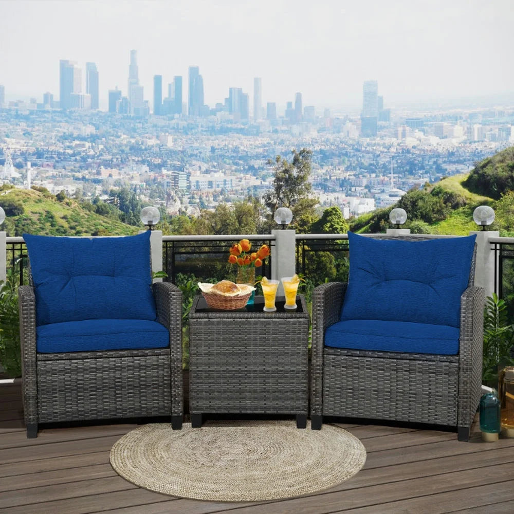 Kadyn Outdoor Seating Sets,Garden Conversation Sets,3 Pieces Outdoor Wicker Conversation Set with Tempered Glass Tabletop-Navy