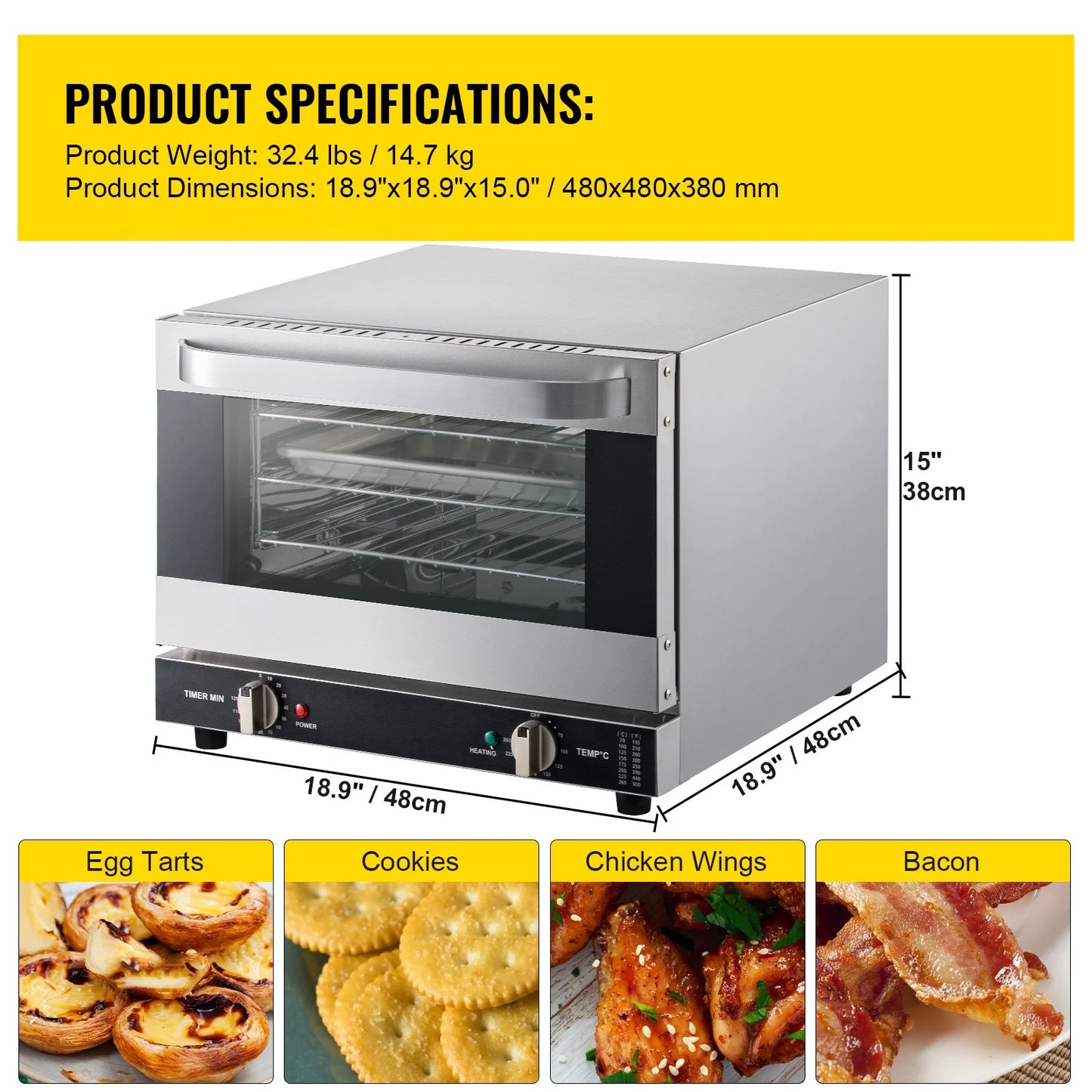 KFFKFF Commercial Convection Oven, 21L/19Qt, Quarter-Size Conventional Oven Countertop, 1440W 3-Tier Toaster w/Front Glass Door, Electric Baking Oven w/Trays Wire Racks Clip Gloves