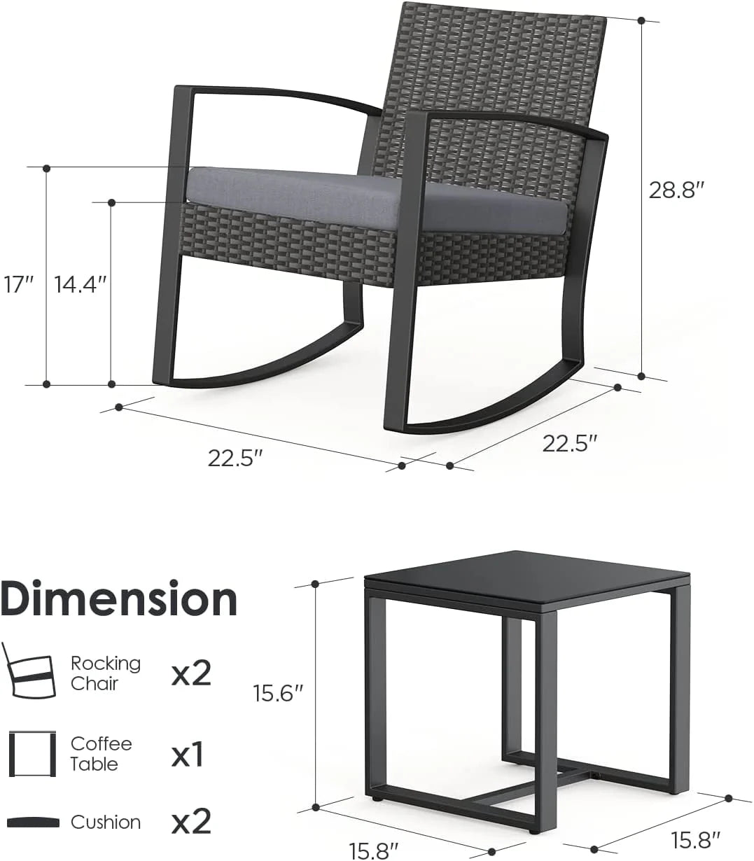 3-Piece Patio Chairs Set, Balcony Furniture Set with PE Rattan Rocking Chairs and a Glass Table, Gray Cushion