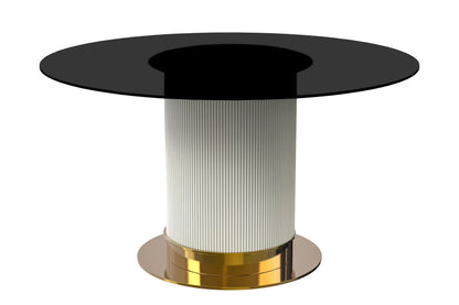 LeisureMod Jexis 60" Mid-Century Modern Round Dining Table with Glass/Sintered Stone Top and White/Gold Stainless Steel Pedestal Base for Kitchen and Dining Room (Black)