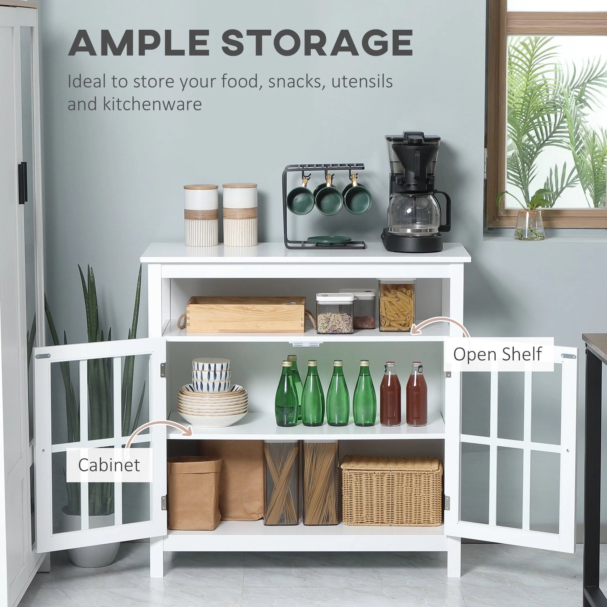 HOMCOM Kitchen Storage Sideboard Cabinet with Open Shelf and Glass Door Cabinets
