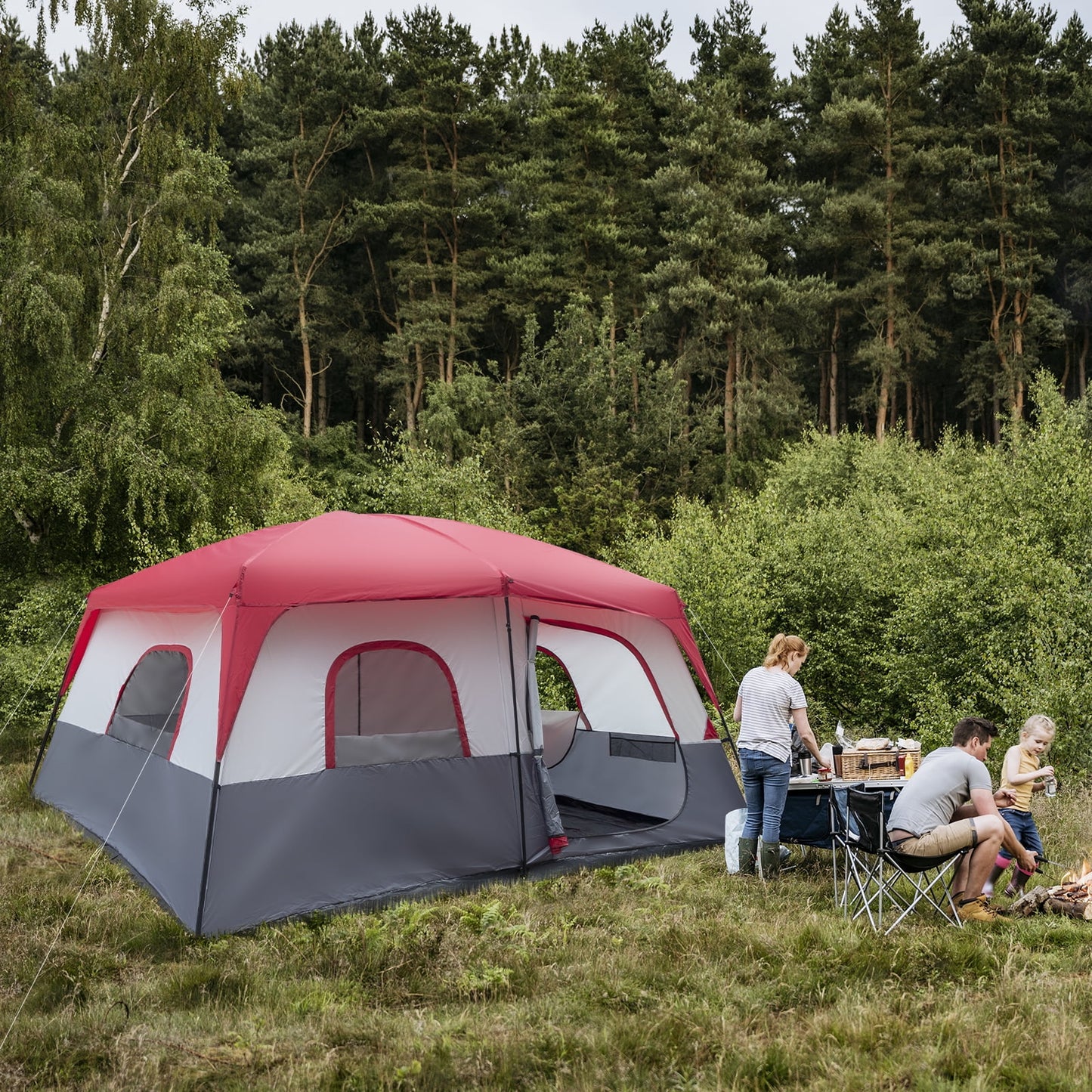 14-Person Camping Tent - 14'x14' (430x430cm) Family Dome Tent with Fiberglass Poles, Waterproof Polyester - Red/White