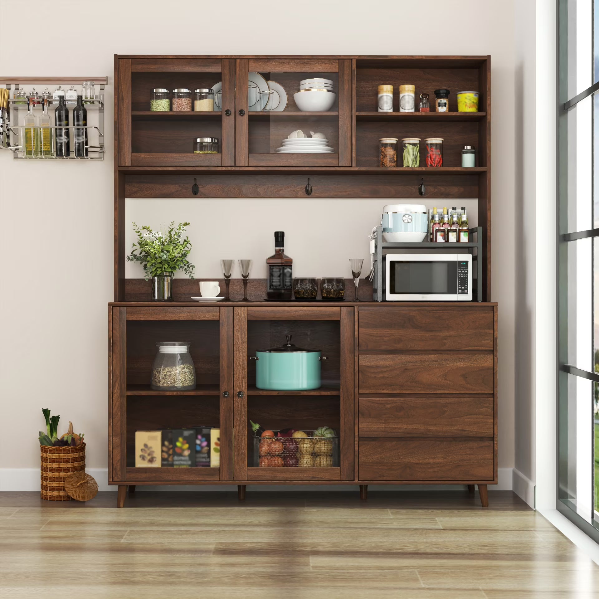 Large Kitchen Pantry Storage Cabinet w/4 Glass Doors & 4 Drawers, Food Hutch w/Microwave Stand & Hooks