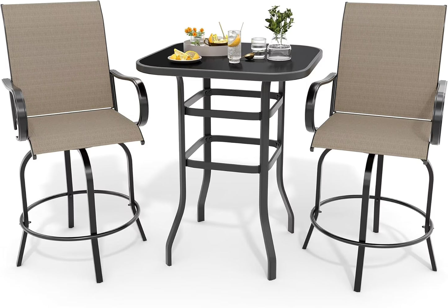 Homhougo 3 Piece Patio Swivel Bar Sets, 3PCS Outdoor High Top Bar Set with 2 Outdoor Swivel Chairs and Glass Bar Table, Patio High Top Bar Table and Stools Chairs Set All Weather Textile Fabric