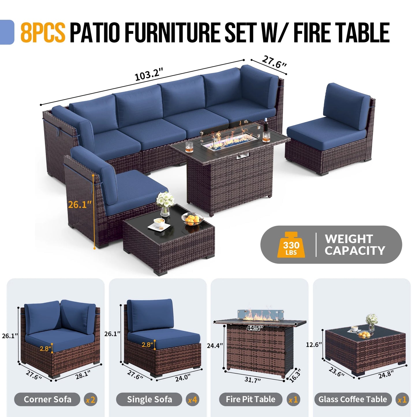 MRUAKA 8 Pieces Patio Furniture Set with Fire Pit Table, Outdoor Furniture Sectional Rattan Sofa with Slanted Back, Patio Couch with Glass Coffee Table for Backyard Garden (Navy)