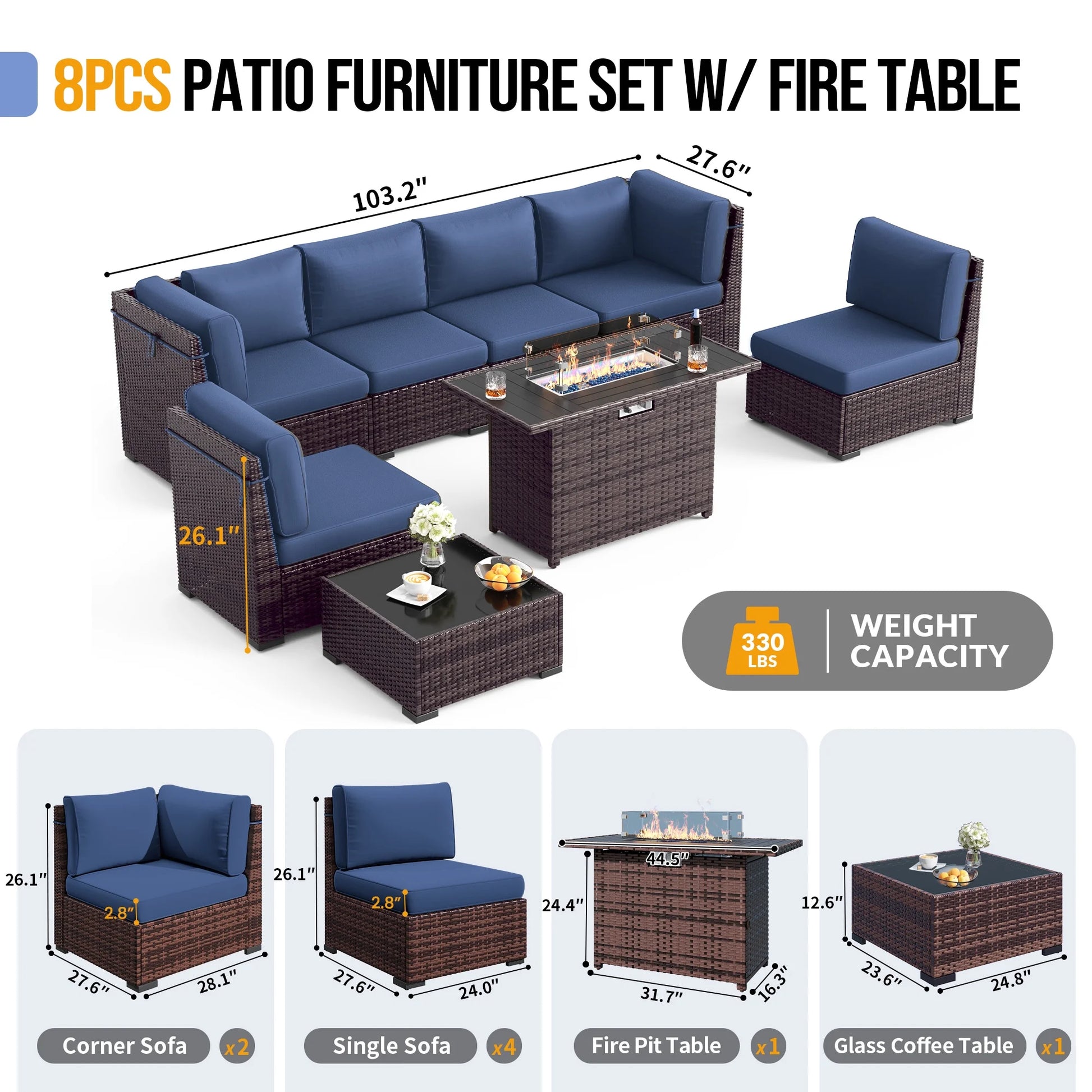 MRUAKA 8 Pieces Patio Furniture Set with Fire Pit Table, Outdoor Furniture Sectional Rattan Sofa with Slanted Back, Patio Couch with Glass Coffee Table for Backyard Garden (Navy)