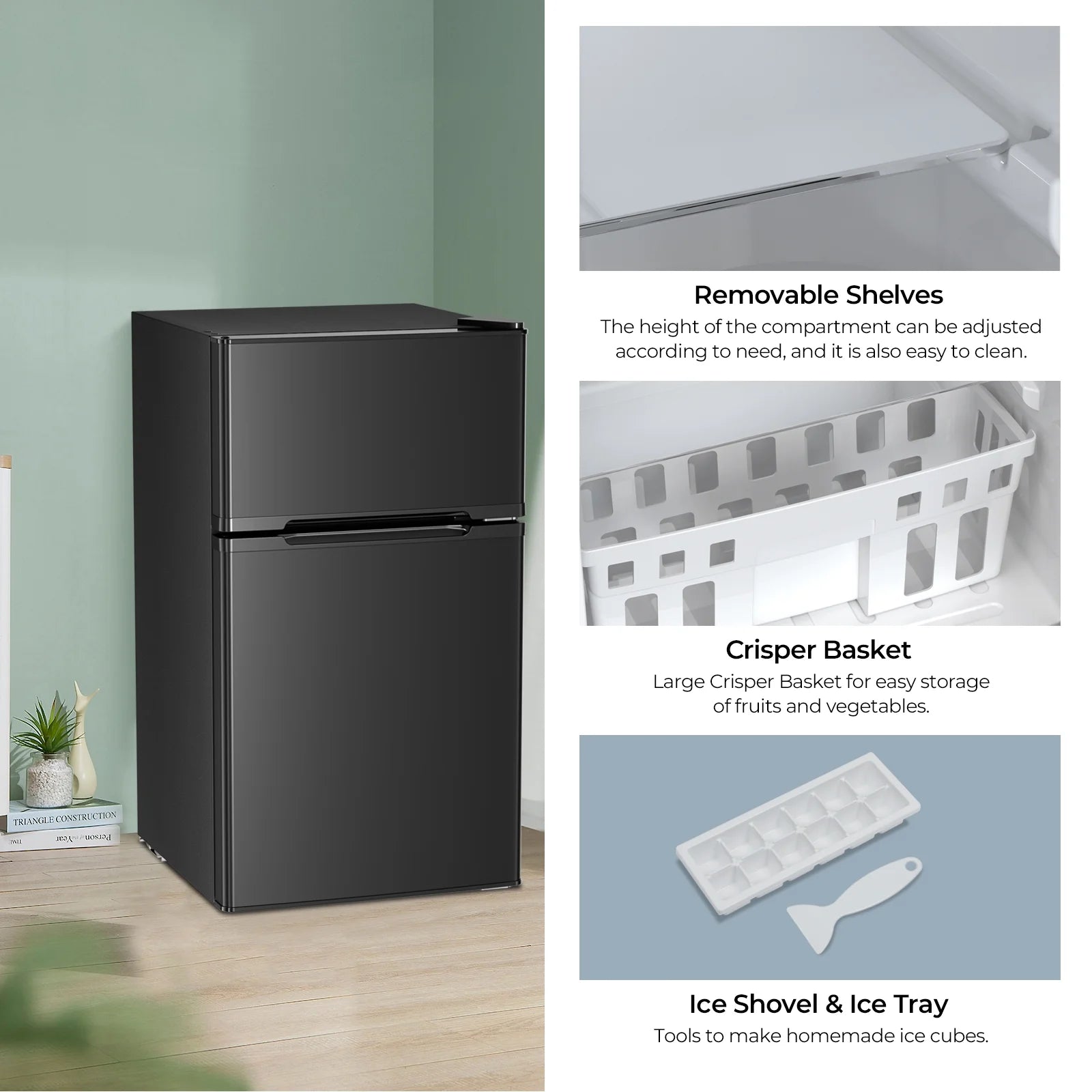 WAA 3.1 Cu.Ft Mini Fridge with Freezer,2 Door Compact Refrigerator,Mini Fridge with Adjustable Removable Glass Shelves for Bedroom,Office,Dorm or Apartment,Black