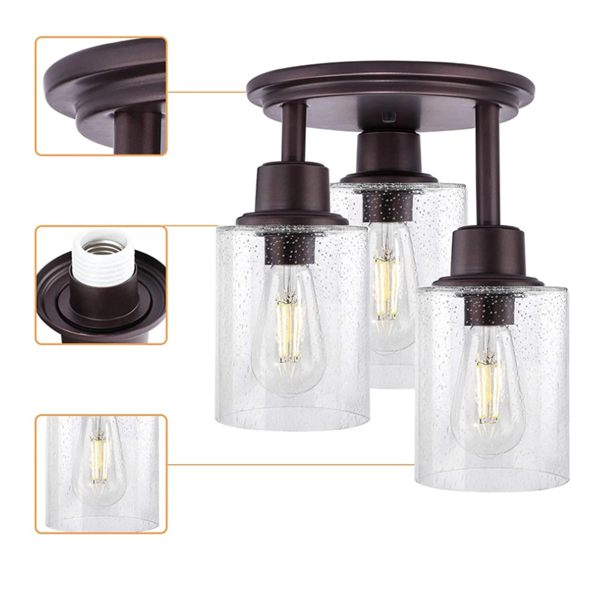 FSLiving 3-Head Glass Hanging Light with 15ft Plug-in Cord Brown Decorative Plug In Ceiling Light Remote Control Hallway Pendant Light,Industrial Semi Flush Mount for Living Roon Bedroom
