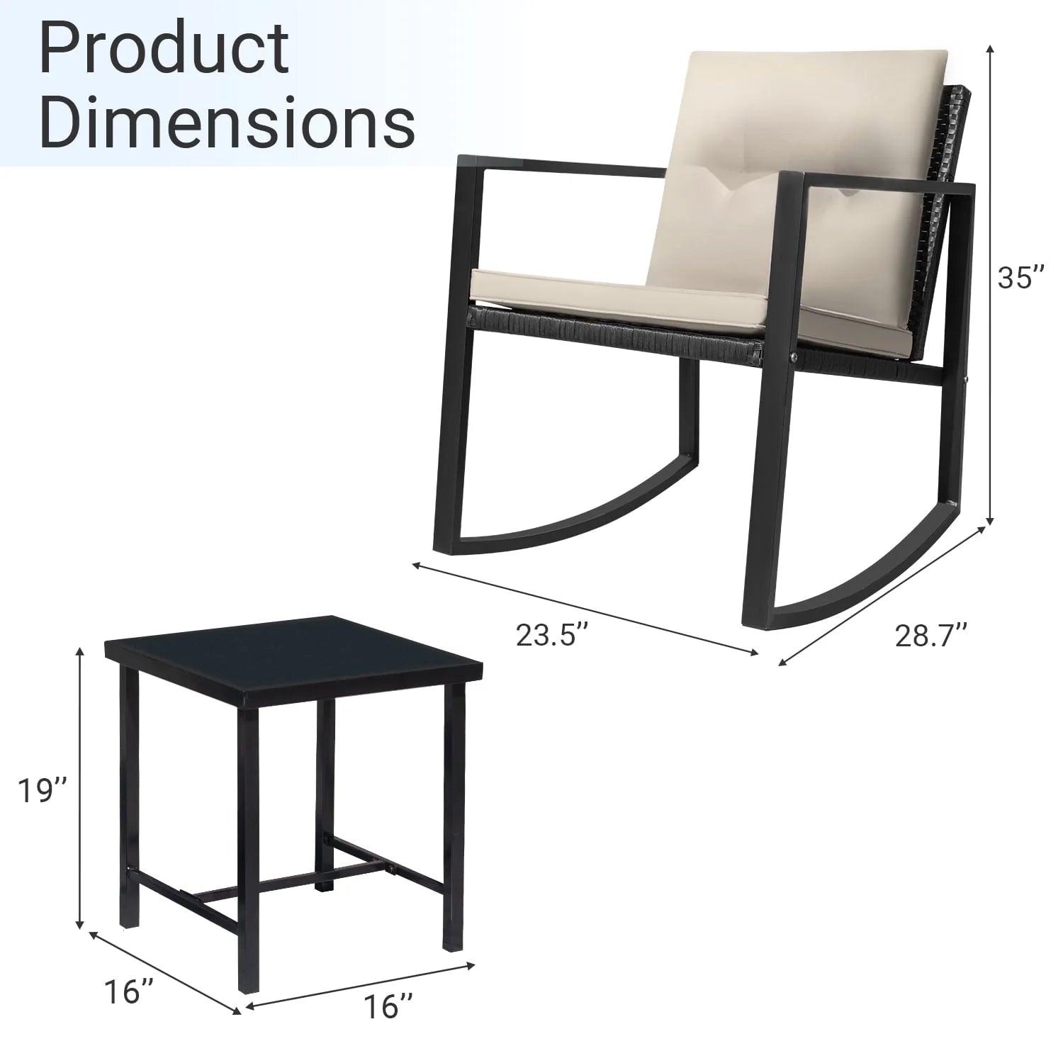 Devoko 3 Pieces Patio Furniture Sets Outdoor PE Rattan Bistro Rocker Conversation Sets with Glass Coffee Table, Beige