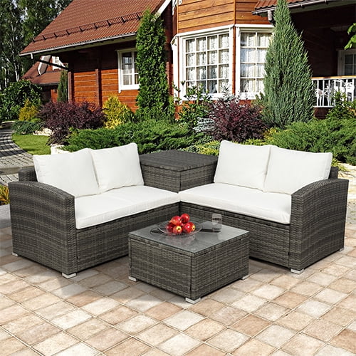 Rattan Patio Sofa Set, 4 Pieces Outdoor Sectional Furniture, All-Weather PE Rattan Wicker Patio Conversation, Cushioned Sofa Set with Glass Table & Storage Box for Patio Garden Poolside Deck