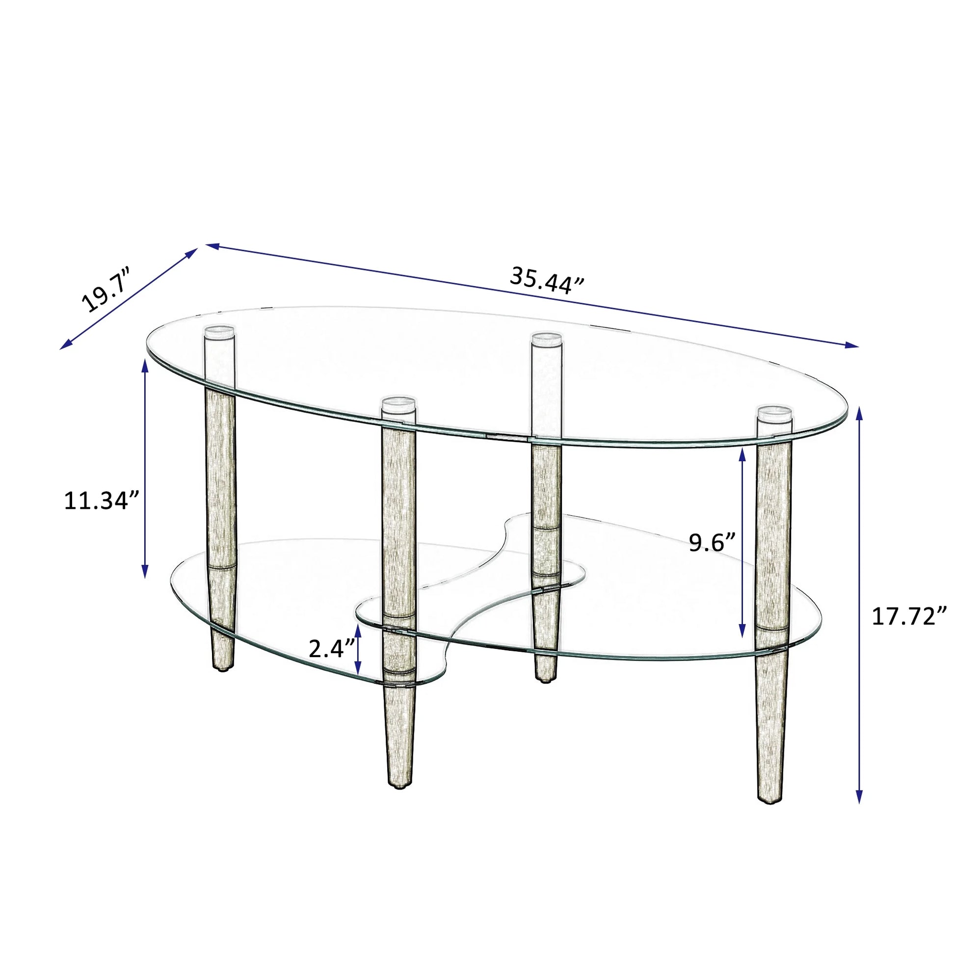 Glass Coffee Table, 3 Tier Clear Oval Glass Table with Oak Wood Legs, Smooth Edges Modern Oval Side Center Table