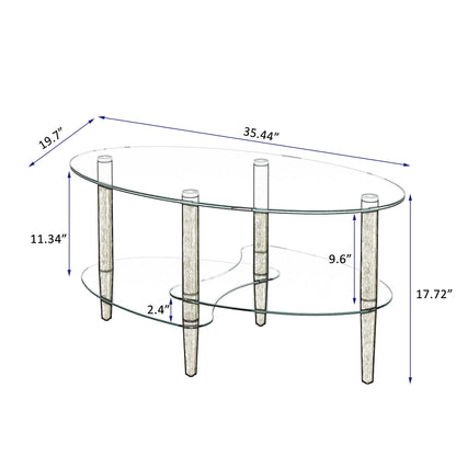 Glass Coffee Table, 3 Tier Clear Oval Glass Table with Oak Wood Legs, Smooth Edges Modern Oval Side Center Table