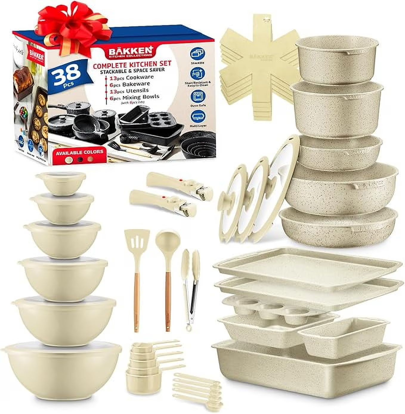 Bakken Master 38 Piece Granite Cookware and Bakeware Set - Nonstick Granite Coating, Pots and Pans with Detachable Handles and Tempered Glass Lids, 6-piece Bakeware set, 12-piece Mixing Bowls,Brown