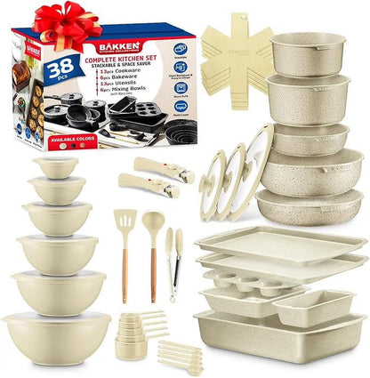 Bakken Master 38 Piece Granite Cookware and Bakeware Set - Nonstick Granite Coating, Pots and Pans with Detachable Handles and Tempered Glass Lids, 6-piece Bakeware set, 12-piece Mixing Bowls,Brown