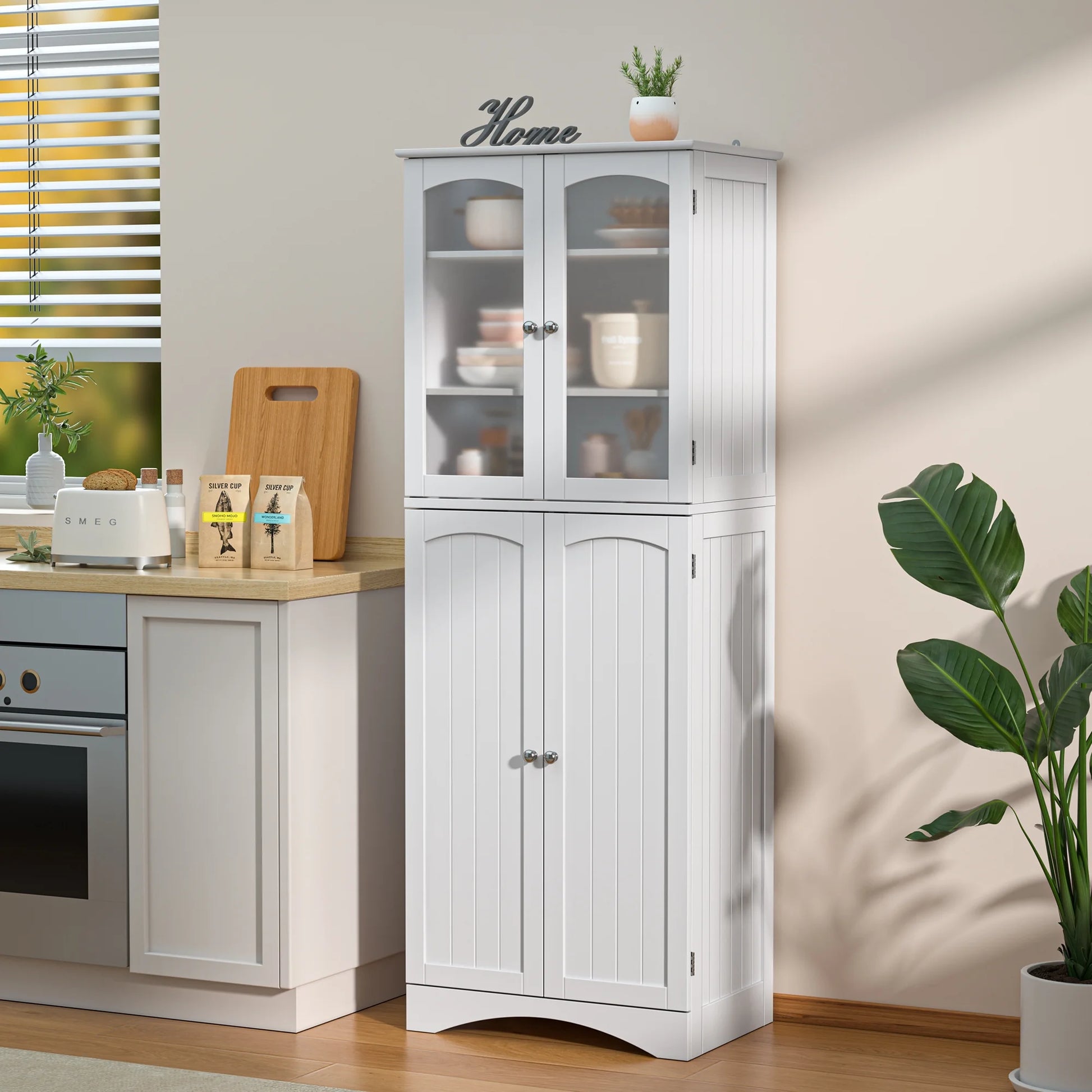 Pantry Cabinet, Lofka 64" Kitchen Pantry Storage Cabinet with Frosted Glass Doors and 14 Shelves, White