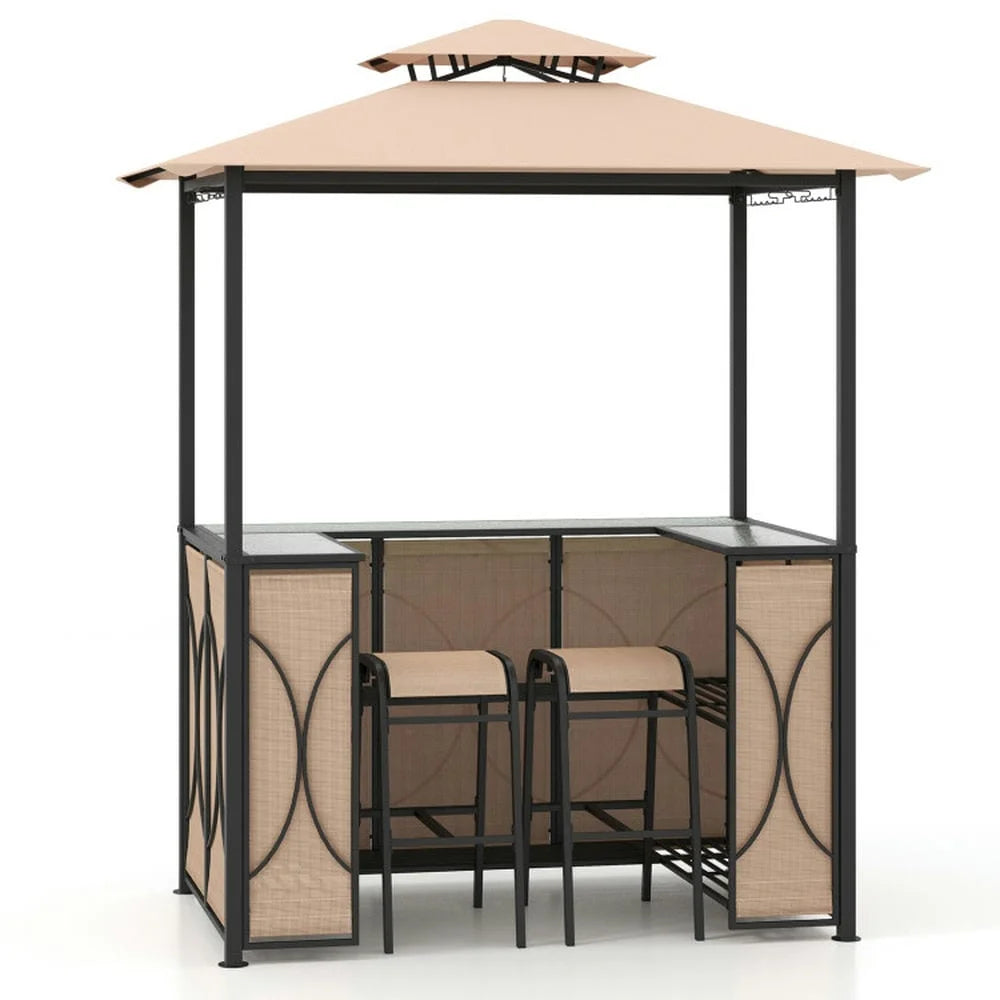 Aimee Lii 3-Piece Patio Bar Set Grill Patio Canopy & 2 Bar Stools with Tempered Glass Bar Table, Modern Patio Furniture for Outdoor Backyard Pool Deck-Brown