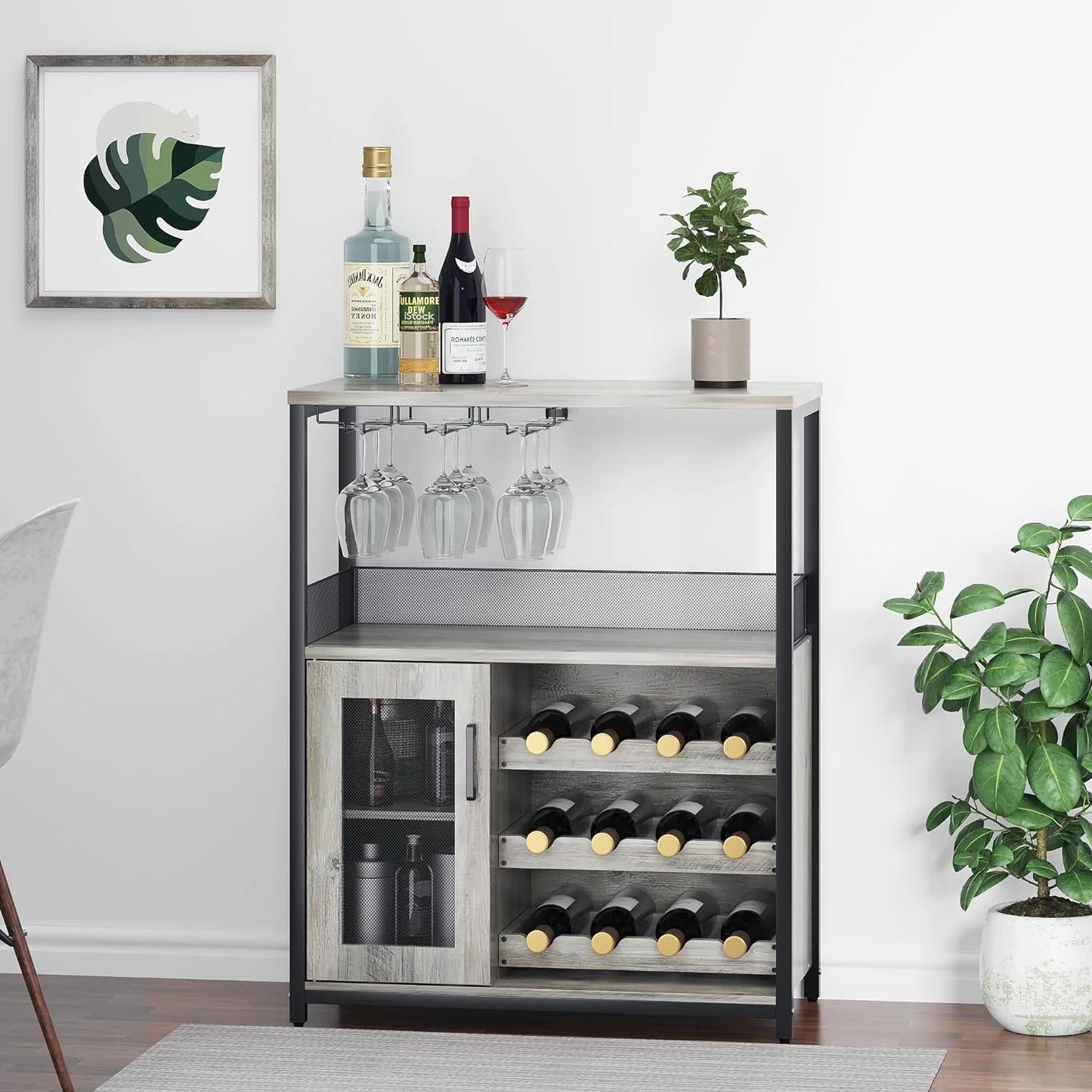 Homhougo Wine Bar Cabinet with Removable Wine Racks and 1 Drawer,Bar Cabinet with Glass Holder and Mesh Door for Liquor and Glasses (Grey)