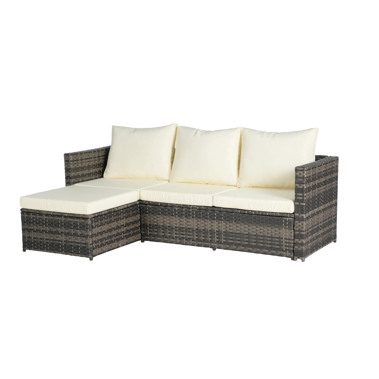 3 Pieces Patio Furniture Set,Outdoor Woven Sectional L- Shaped Sofa with Ottoman,Wicker Conversation Set with Tempered Glass Coffee Table for Backyard Poolside,Beige