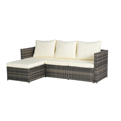 3 Pieces Patio Furniture Set,Outdoor Woven Sectional L- Shaped Sofa with Ottoman,Wicker Conversation Set with Tempered Glass Coffee Table for Backyard Poolside,Beige