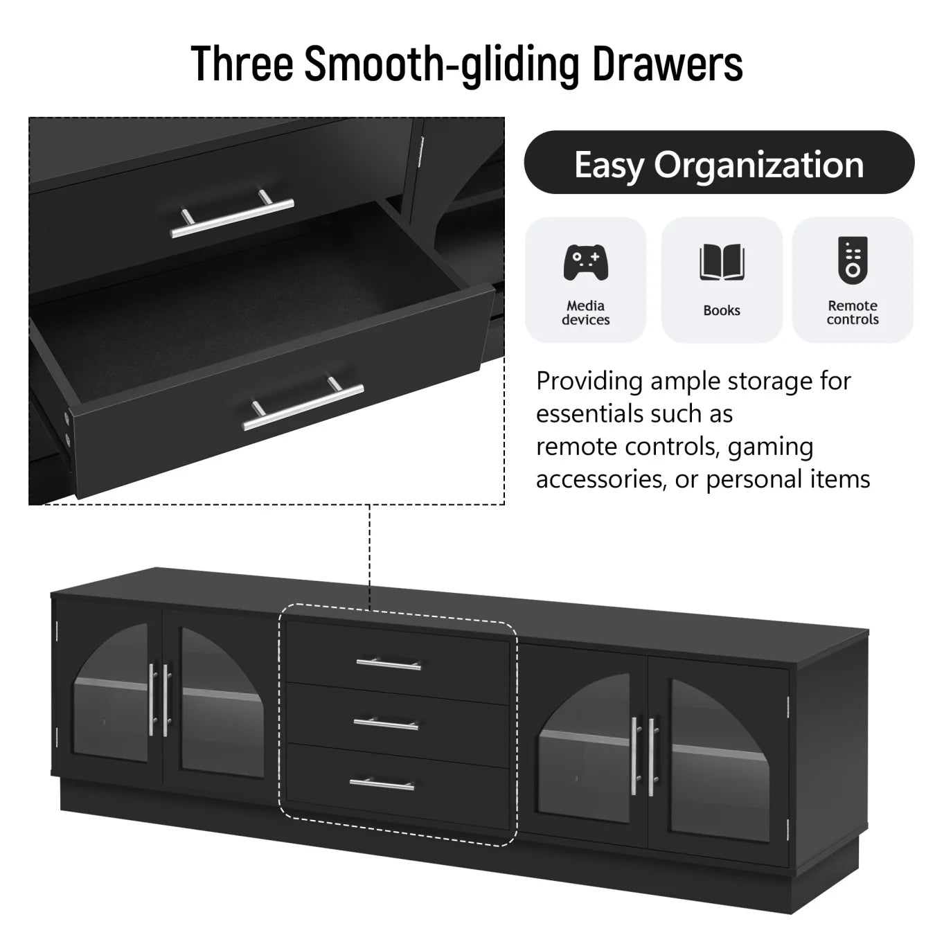 TV Stand for 75 Inch TV, Entertainment Center with Storage Cabinets and 3 Drawers, Media Console Cabinet with Adjustable Shelves and Glass Doors for Living Room, Black
