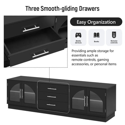 TV Stand for 75 Inch TV, Entertainment Center with Storage Cabinets and 3 Drawers, Media Console Cabinet with Adjustable Shelves and Glass Doors for Living Room, Black